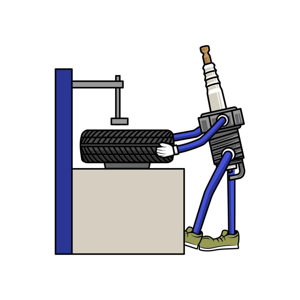 Cartoon character of spark plug working as mechanic. Tire service concept illustration. vector