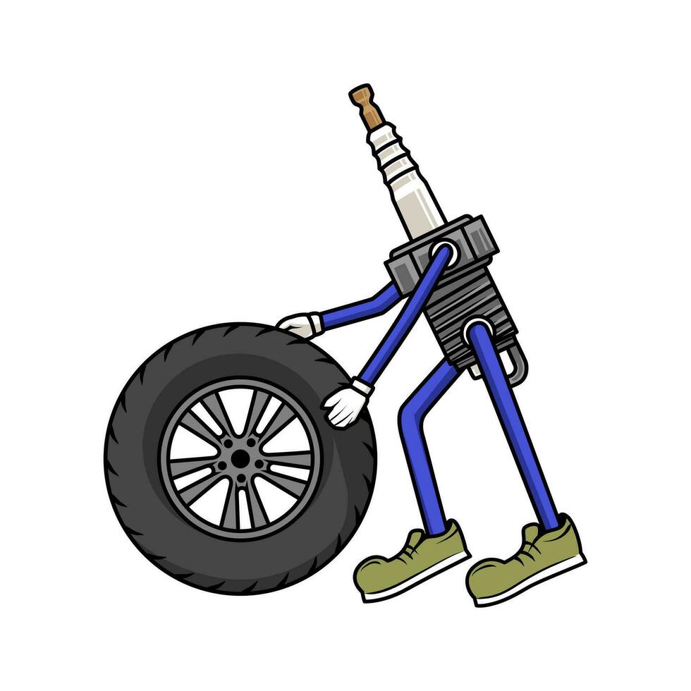 Cartoon character of spark plug working as mechanic. Tire service concept illustration. vector