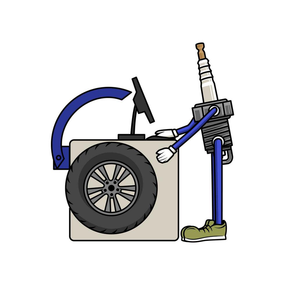 Cartoon character of spark plug working as mechanic. Tire service concept illustration. vector