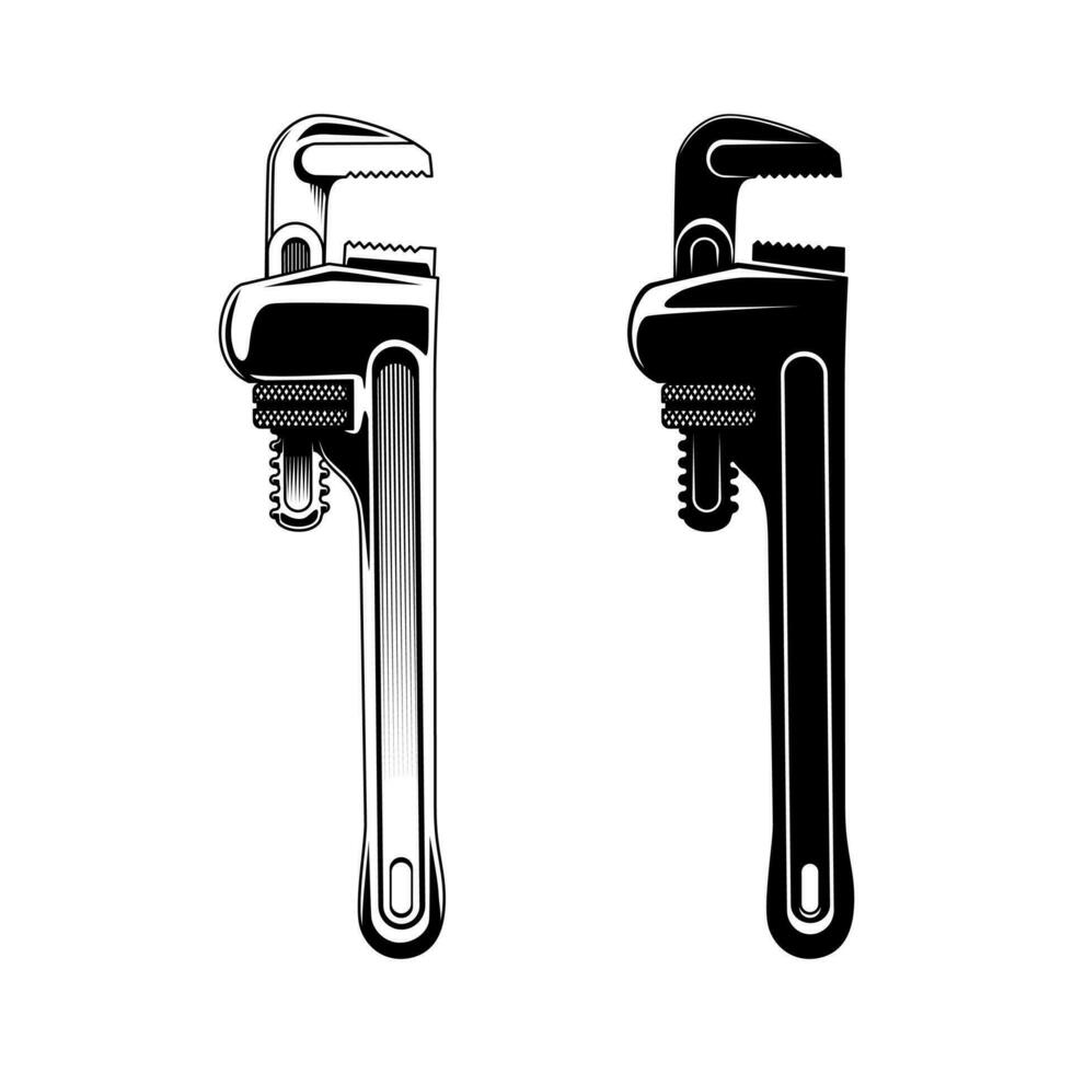 Adjustable pipe wrench. Black and white vector illustration of mechanical tools isolated on white background.