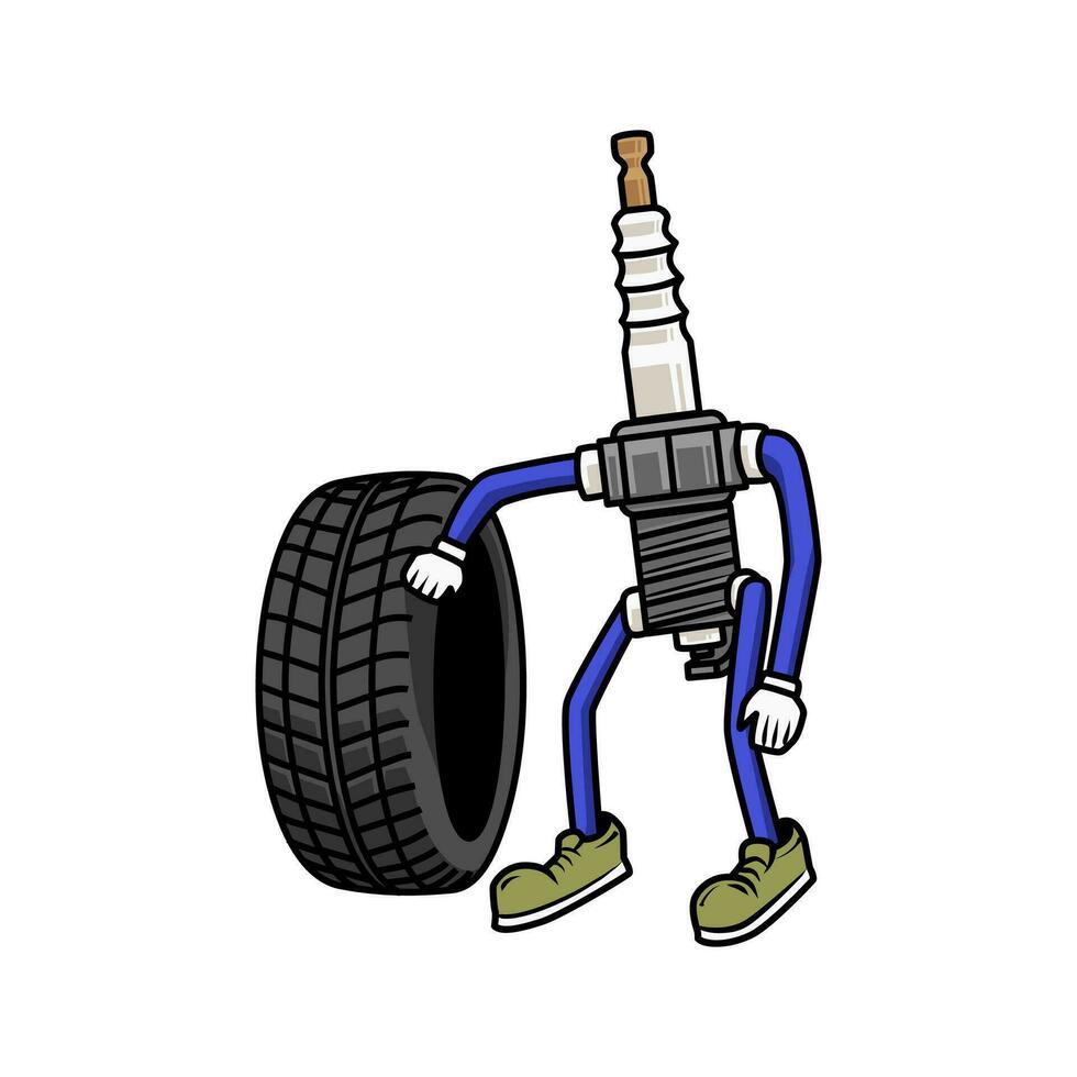 Cartoon character of spark plug working as mechanic. Tire service concept illustration. vector