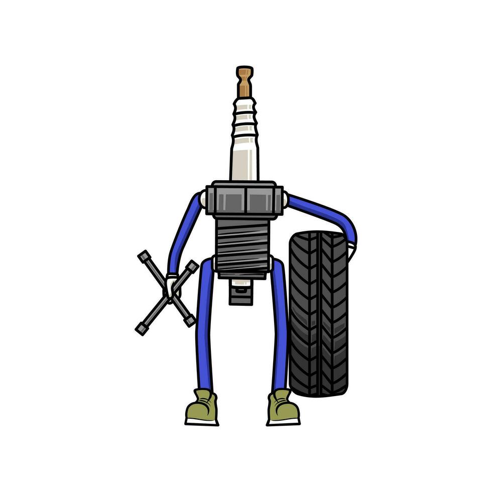 Cartoon character of spark plug working as mechanic. Tire service concept illustration. vector