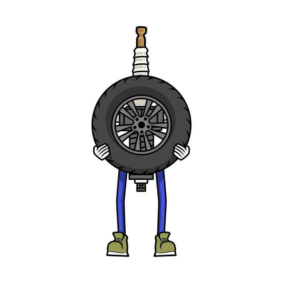 Cartoon character of spark plug lifting a car wheel. Tire service concept illustration. vector