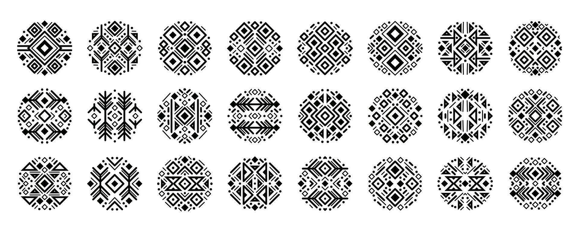 Black and white set of tribal shapes, geometric aztec circles vector