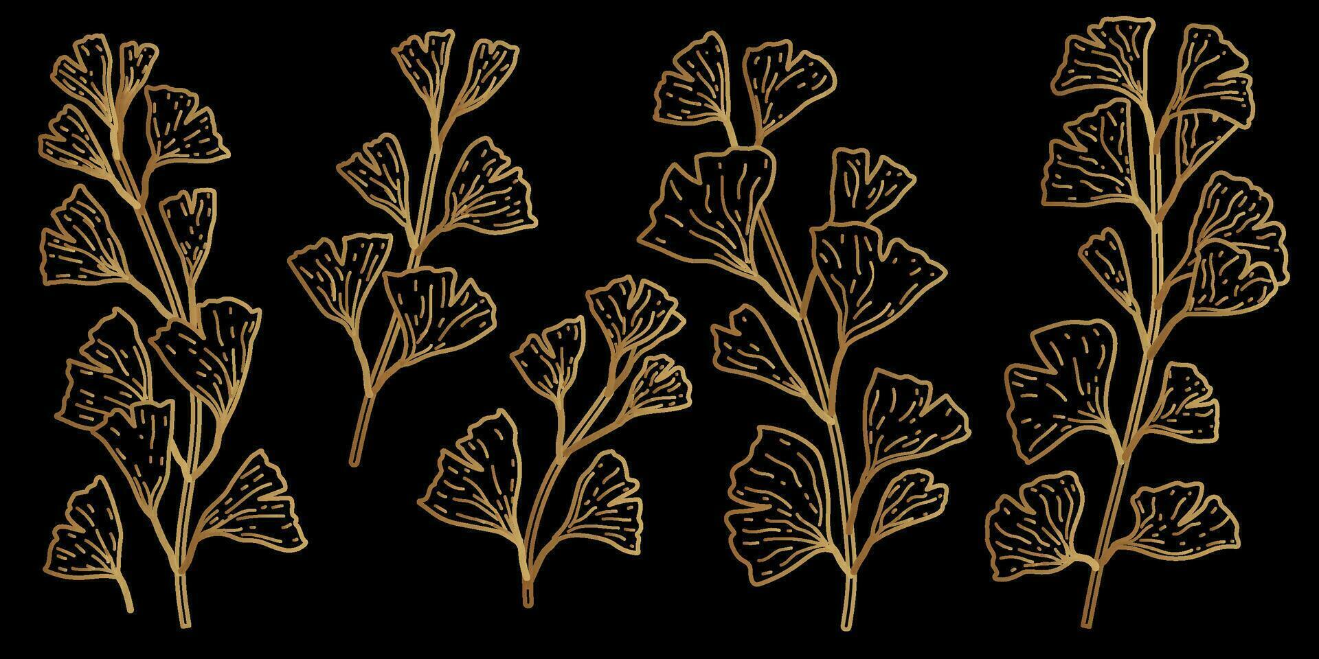 conjunto de oro, joyas, brillante gingko biloba hojas en negro antecedentes. vector