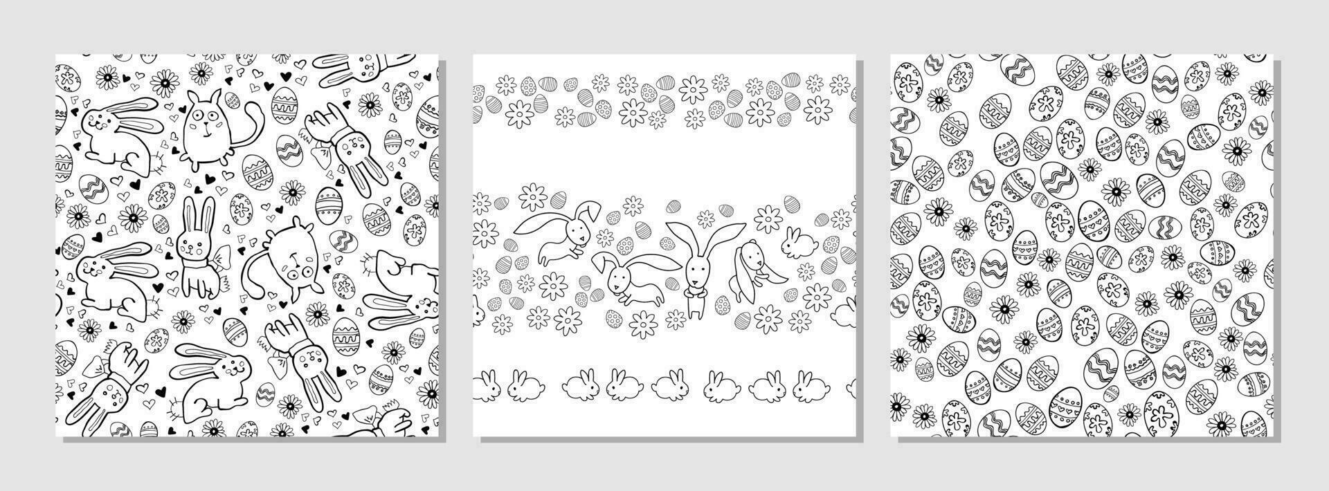Set of easter seamless patterns. Simple monochrome eggs and rabbits vector