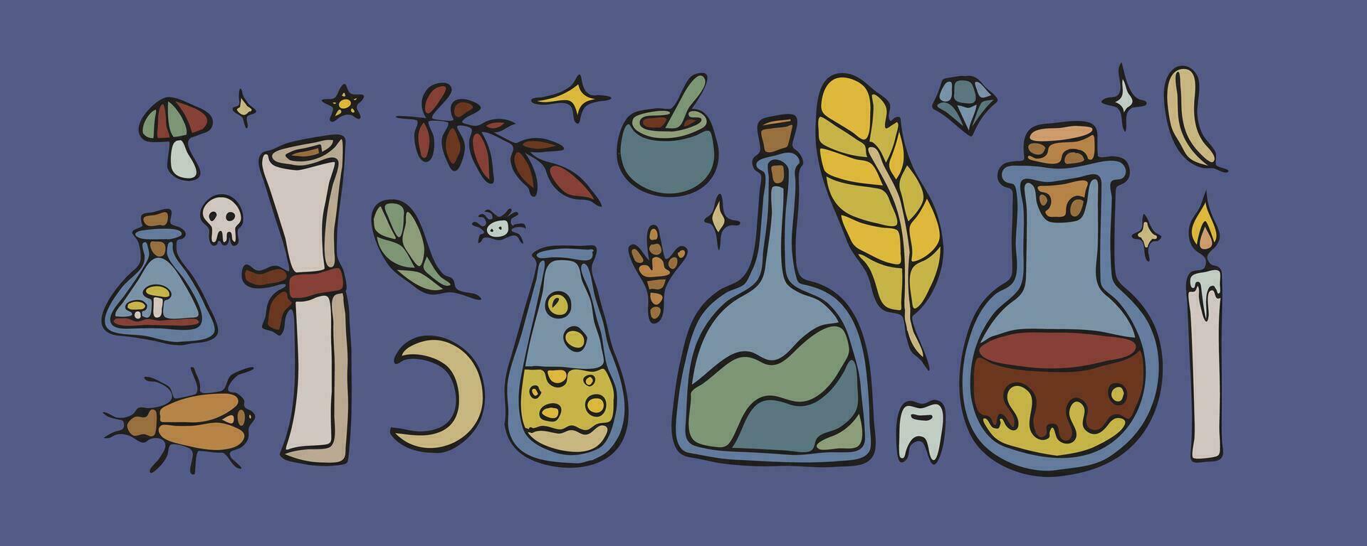 Vector isolated doodle set, witch potion craft bundle, gothic esoteric hand drawn icon collection, astrology medieval occult stuff, wicca religion, spiritual witchcraft