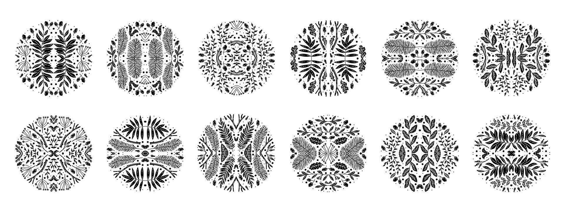 Black and white set of tribal shapes, geometric aztec circles vector
