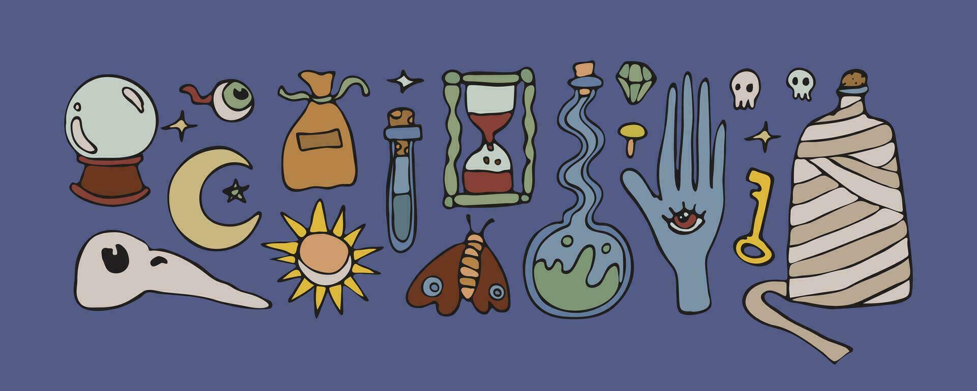 Vector witch isolated doodle set, magical outline potion collection, gothic wizard line drawing symbol, cute witchcraft design elements, spiritual occult icons, sacred hand drawn alchemy illustration