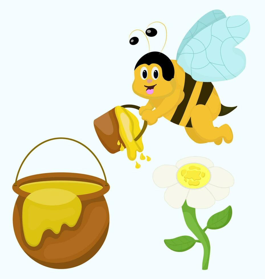 miel abeja conjunto plano diseño. dibujos animados linda abeja con miel maceta conjunto lleva miel maceta. vector