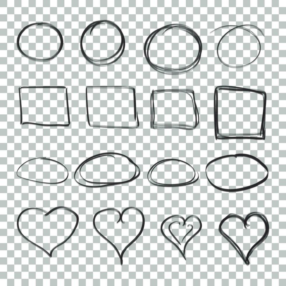 Hand drawn circles, squares and hearts icon set. Collection of pencil sketch symbols. Vector illustration on isolated background.