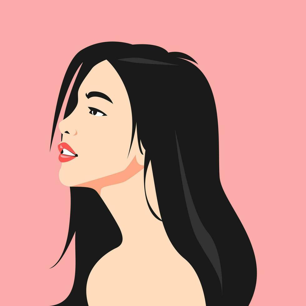 beautiful girl avatar with long straight hairstyle. side view. vector illustration.