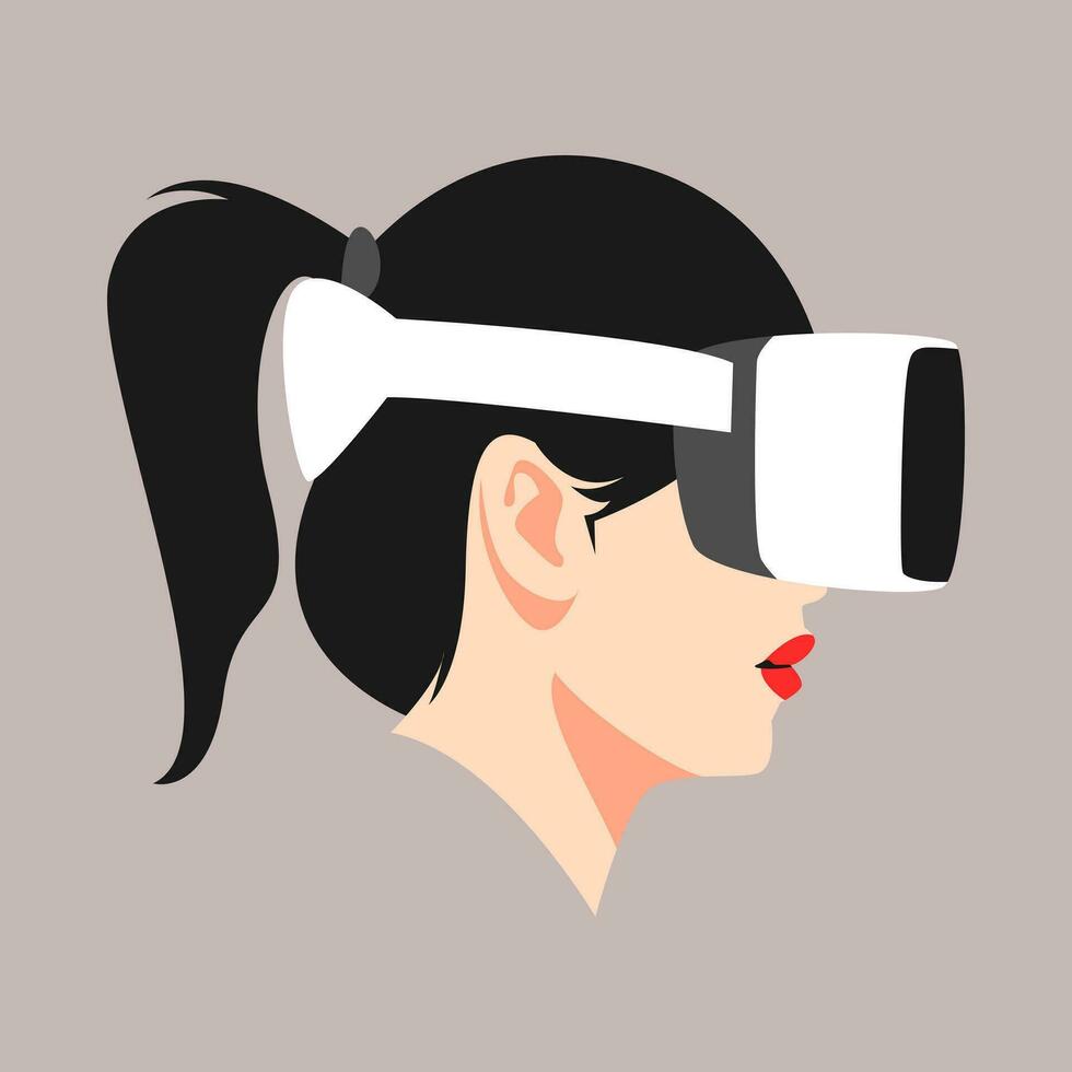 avatar of woman with ponytail hairstyle. using virtual reality headset. side view. vector illustration.