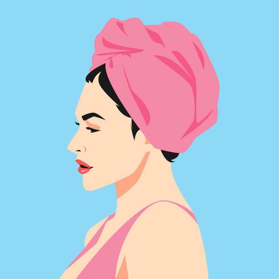 female avatar using hair towel. side view. vector illustration.