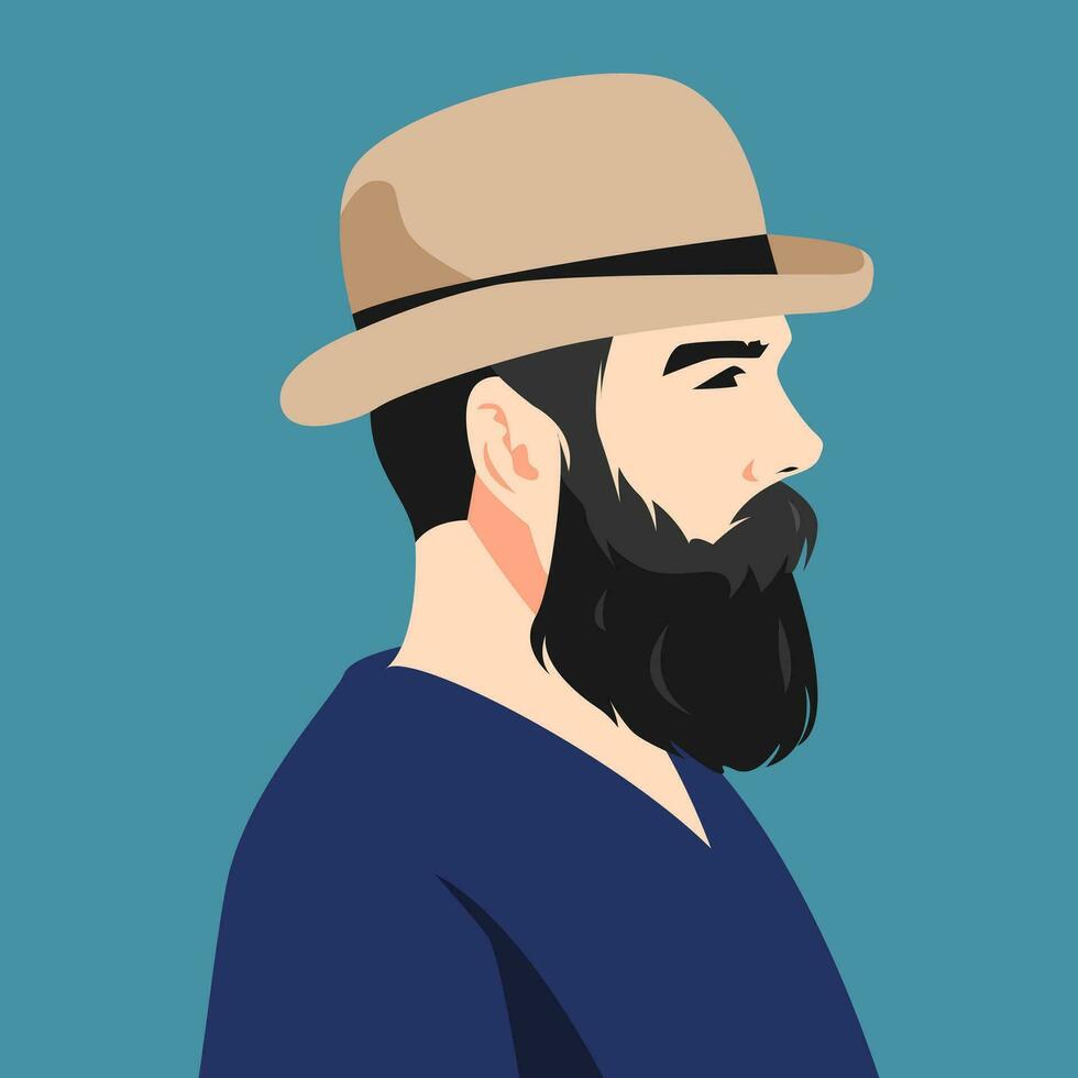 bearded man avatar wearing fedora hat. side view. vector illustration.