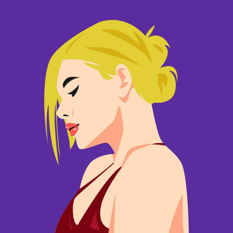 avatar de hermosa rubia niña con bollo peinado. lado vista. vector ilustración.