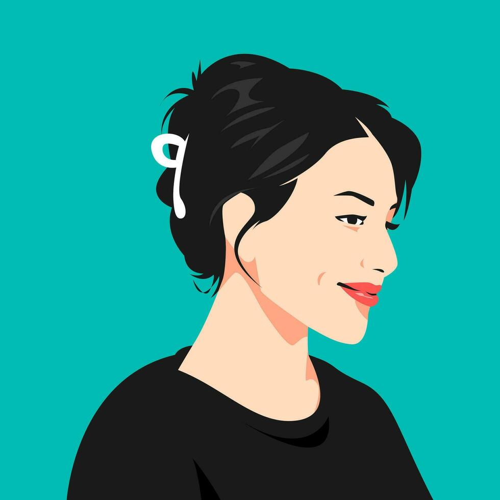 portrait of a beautiful cheerful girl with a short hairstyle and using a hair clip. side view. suitable for avatar, social media profile, print, etc. vector flat graphic.
