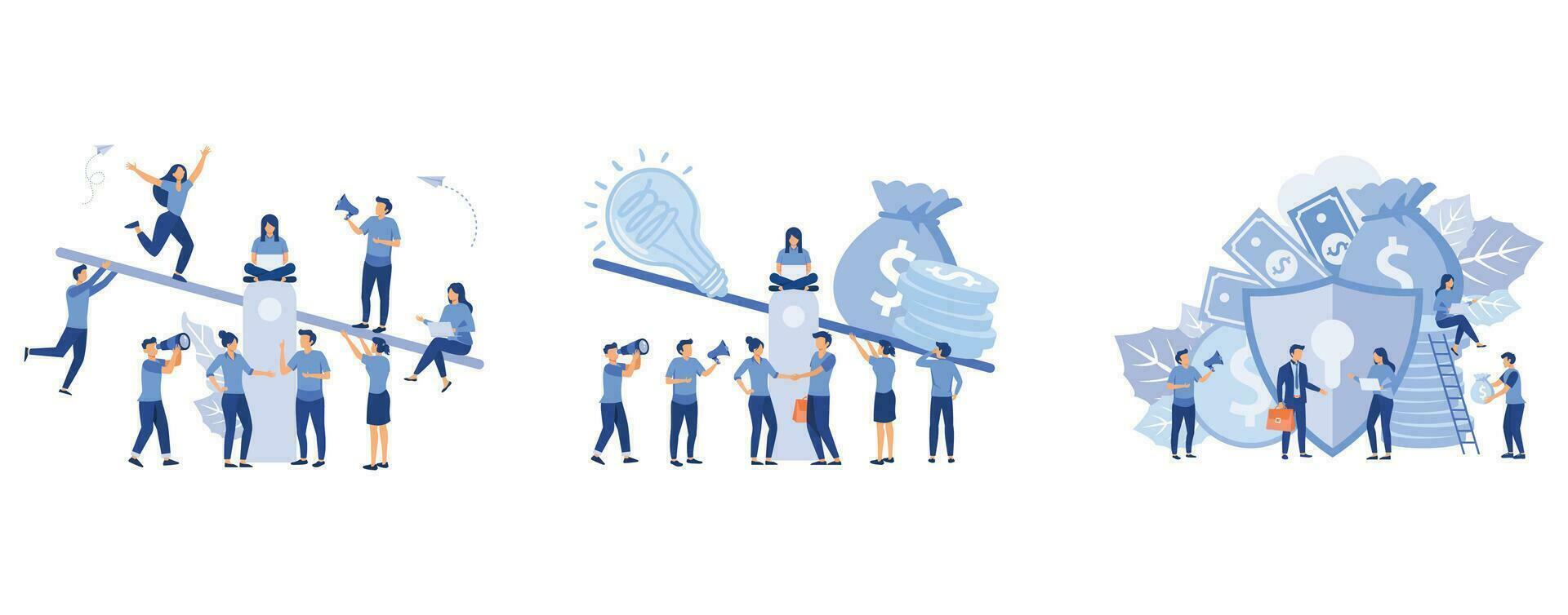 the concept of overweight, cost, power and comparison, groups of people who inject money into an idea on a swing and outweighs it,  financial saving insurance, safe business economy, vector