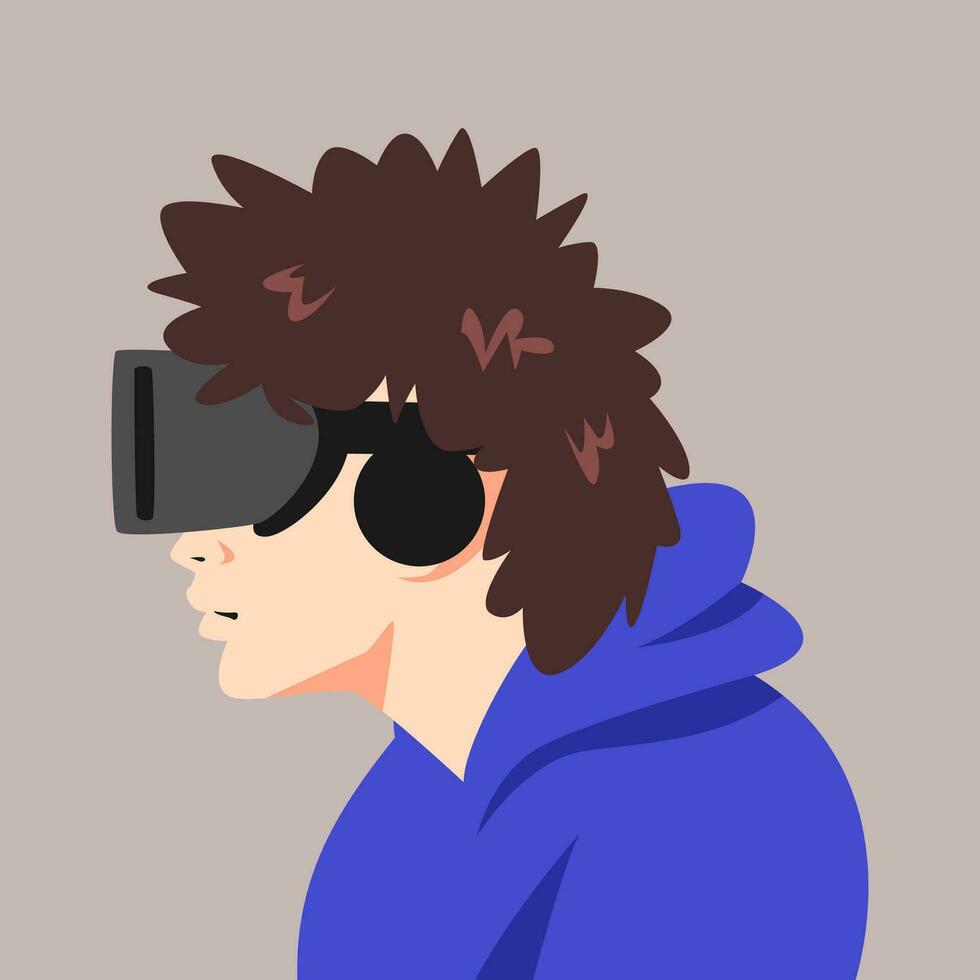 male avatar with curly hair using virtual reality headset. side view. vector illustration.