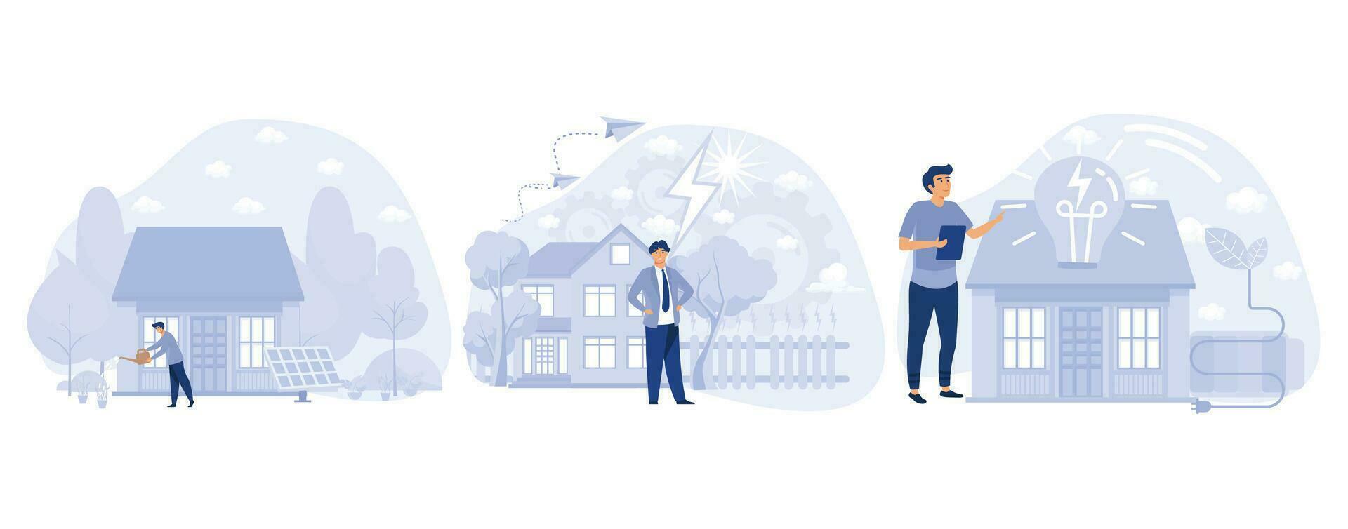 Environmentally friendly construction concept, Eco house, passive and energy-plus building, waste recycling, heating efficiency,  set flat vector modern illustration