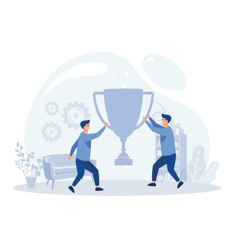 Success team concept illustration, small people celebrate success achievement by holding a big goblet, flat vector modern illustration