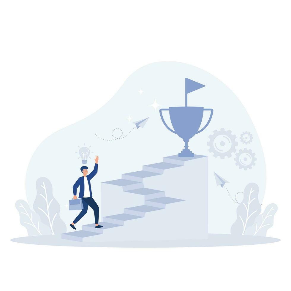 Businessman holding trophy cup standing on the stair. success, flat vector modern illustration