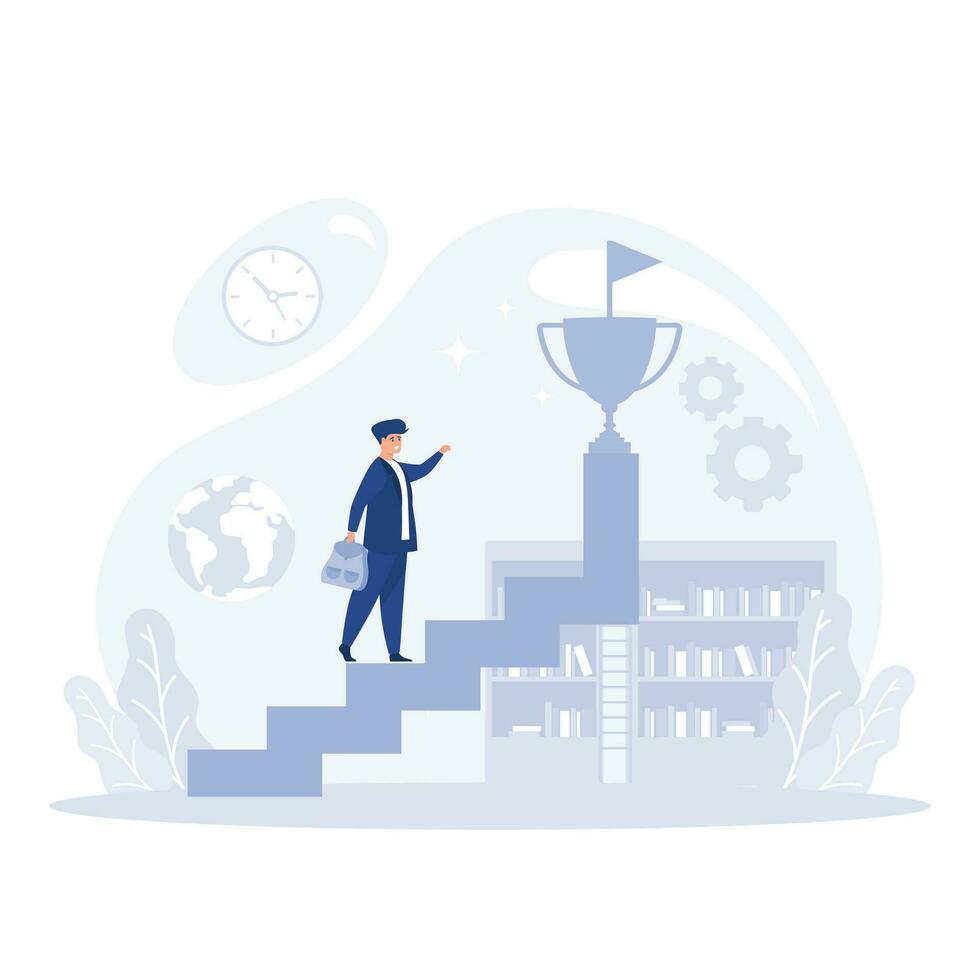 a businessman going up the stairs with a hand holding a trophy, flat vector modern illustration