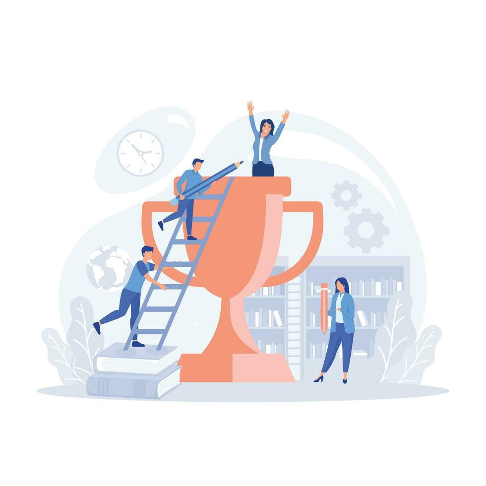 Success team concept illustration, people celebrate success achievement, flat vector modern illustration