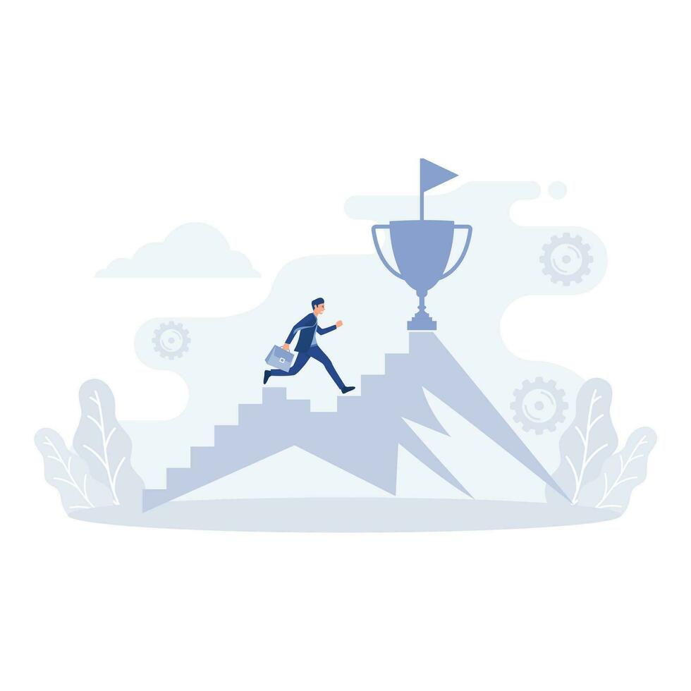 Businessman jumping on the graph to goal.Trophies on mountain, flat vector modern illustration