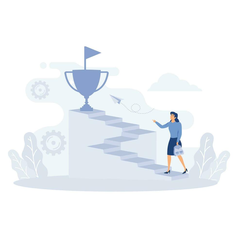 Businesswoman climbing ladder to golden trophy, flat vector modern illustration