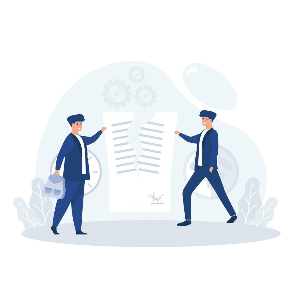 Cancellation of a contract. Two man on suit tearing contract. Businessman in workspace, flat vector modern illustration