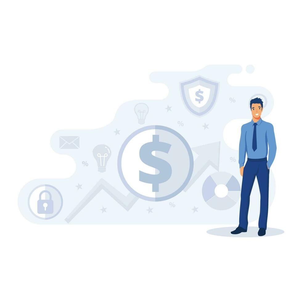 Financial investments, marketing, analysis, security of deposits, guarantee of security financial savings and money turnover, flat vector modern illustration