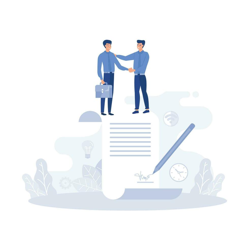 Agreement. Business people standing on a signed contract, flat vector modern illustration