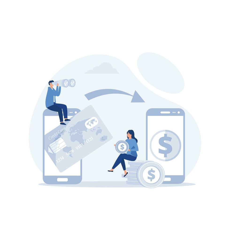 Woman sent, transfers money, coins from debit card, credit card, replenishment of balance, account on Internet, flat vector modern illustration