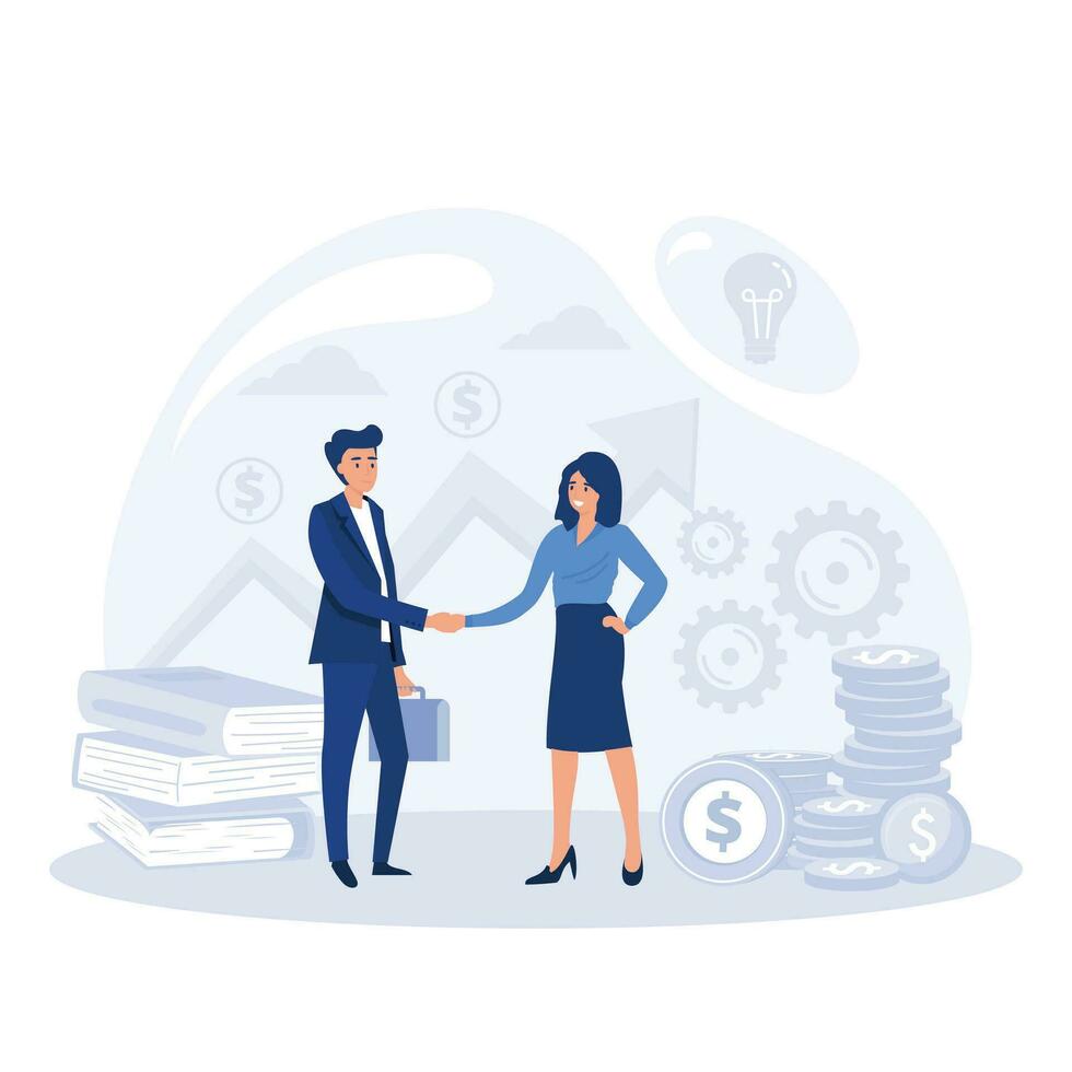 Business people shaking hands, Happy man investing in startup ideas, making financial deal with woman, flat vector modern illustration