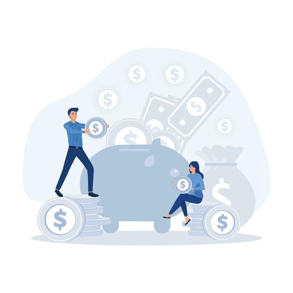 Tiny people saving money in piggy bank. Business, wealth and financial investment concept, flat vector modern illustration