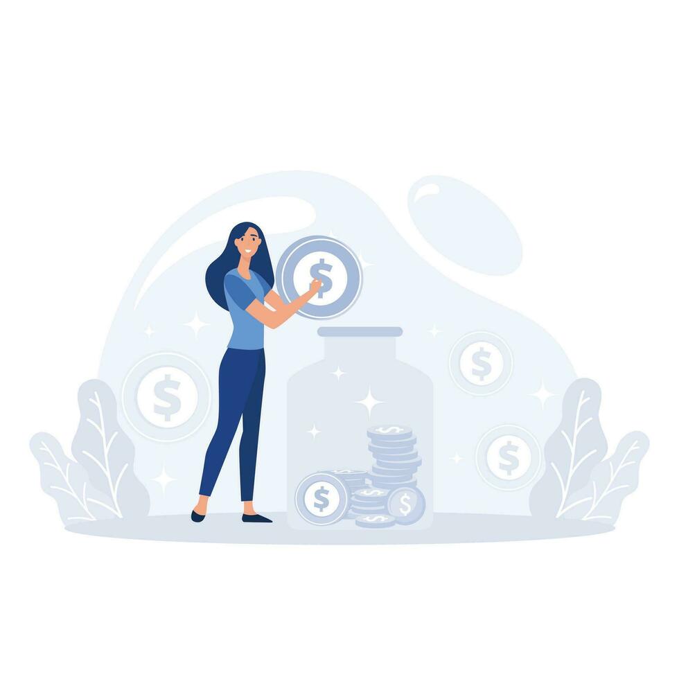 woman or girl putting money or coins into a piggy bank. Saving or accumulating money concept, flat vector modern illustration