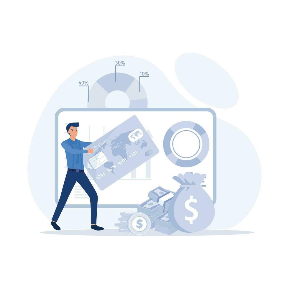 Man manages personal finances in personal account, makes transactions, analyzes bank data, flat vector modern illustration