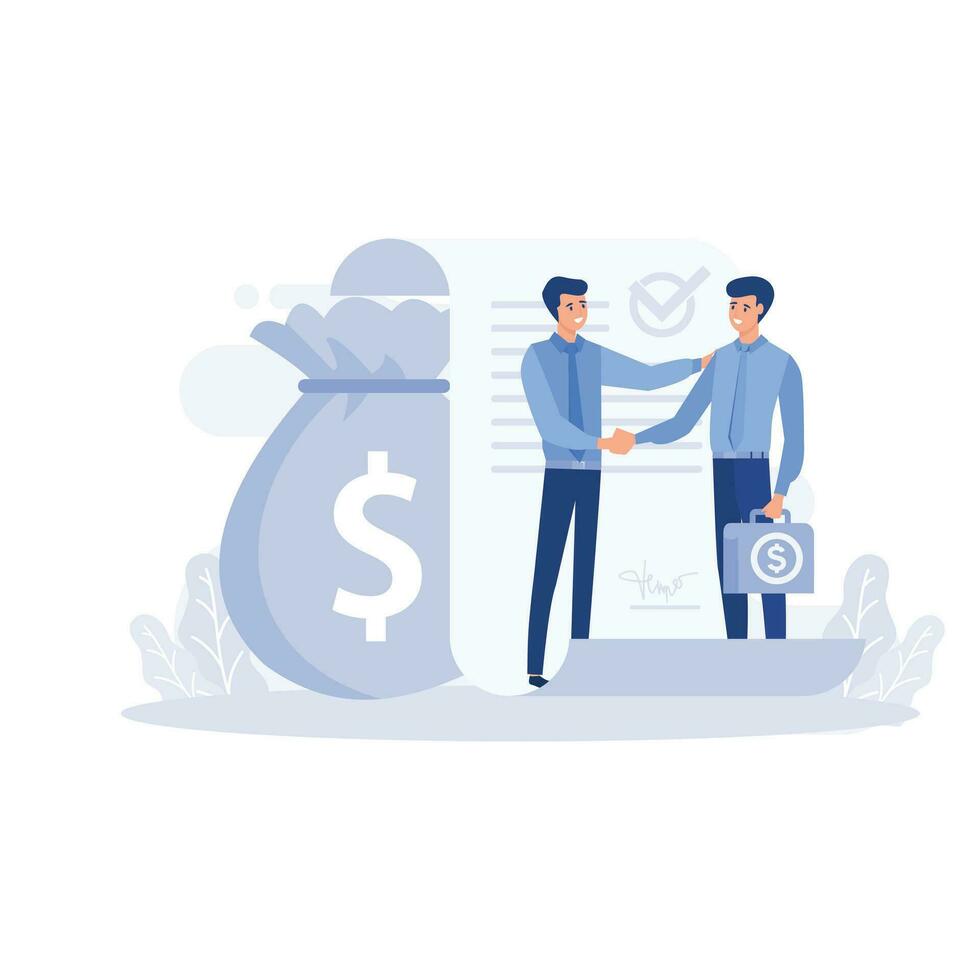 Businessman shaking hand with loan agreement and money bag, personal loan or financial support concept, flat vector modern illustration