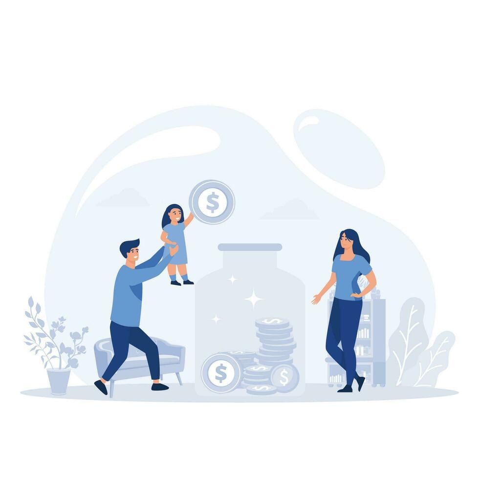 save money concept. Father and mother teach children to save money, flat vector modern illustration