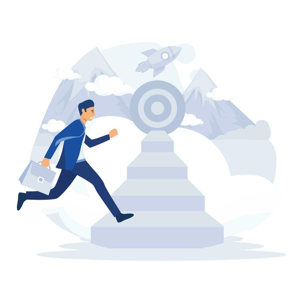 Business concept growth to success, Businessman running up stairway to the target, flat vector modern illustration