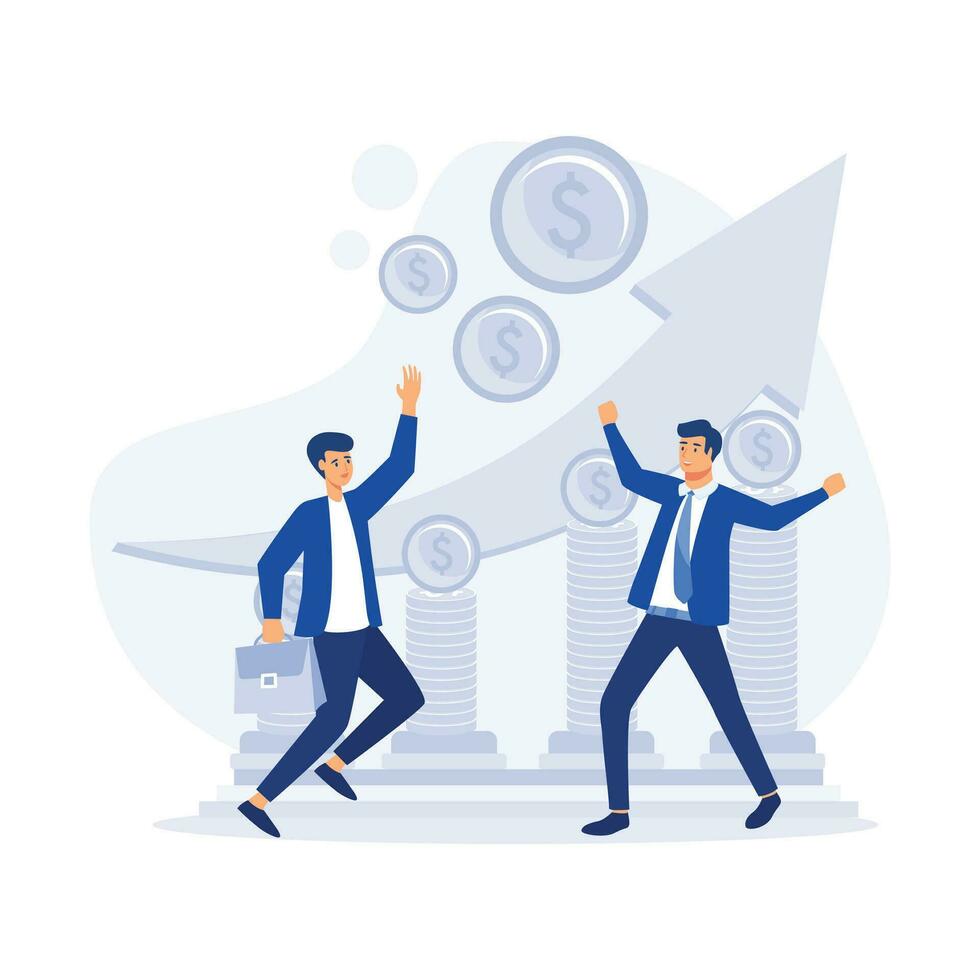 Business people stepping up on coins , against a growing upward graph, flat vector modern illustration