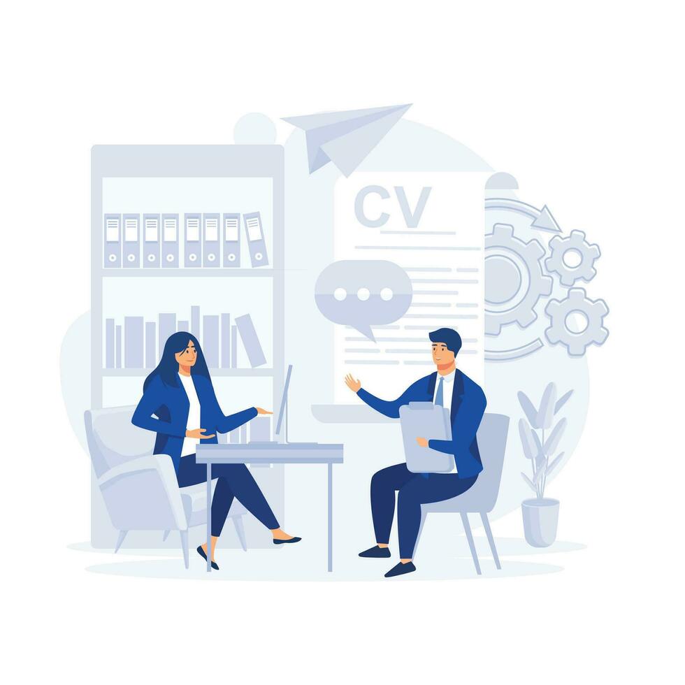 HR specialist having an interview with job applicant. Job interview, Male candidate with cv resume, flat vector modern illustration