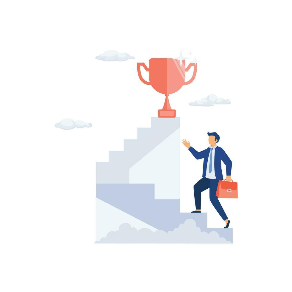 Businessman holding trophy cup standing on the stair, flat vector modern illustration