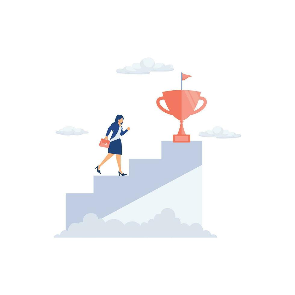 Businesswoman climbing ladder to golden trophy, flat vector modern illustration