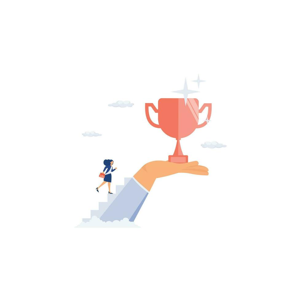 Inspiration for success. a businesswoman going up the stairs with a hand holding a trophy, flat vector modern illustration