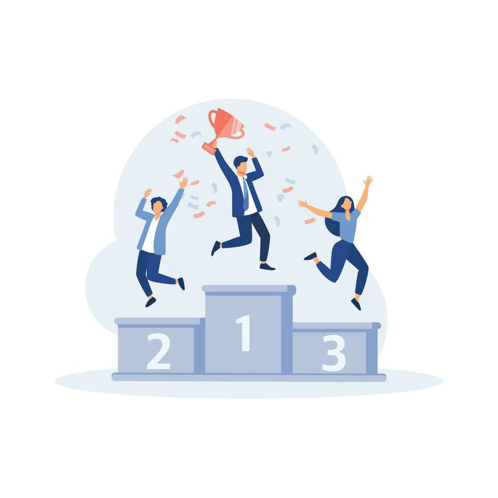 People standing on the podium rank first three places, jumps in the air with trophy cup, flat vector modern illustration