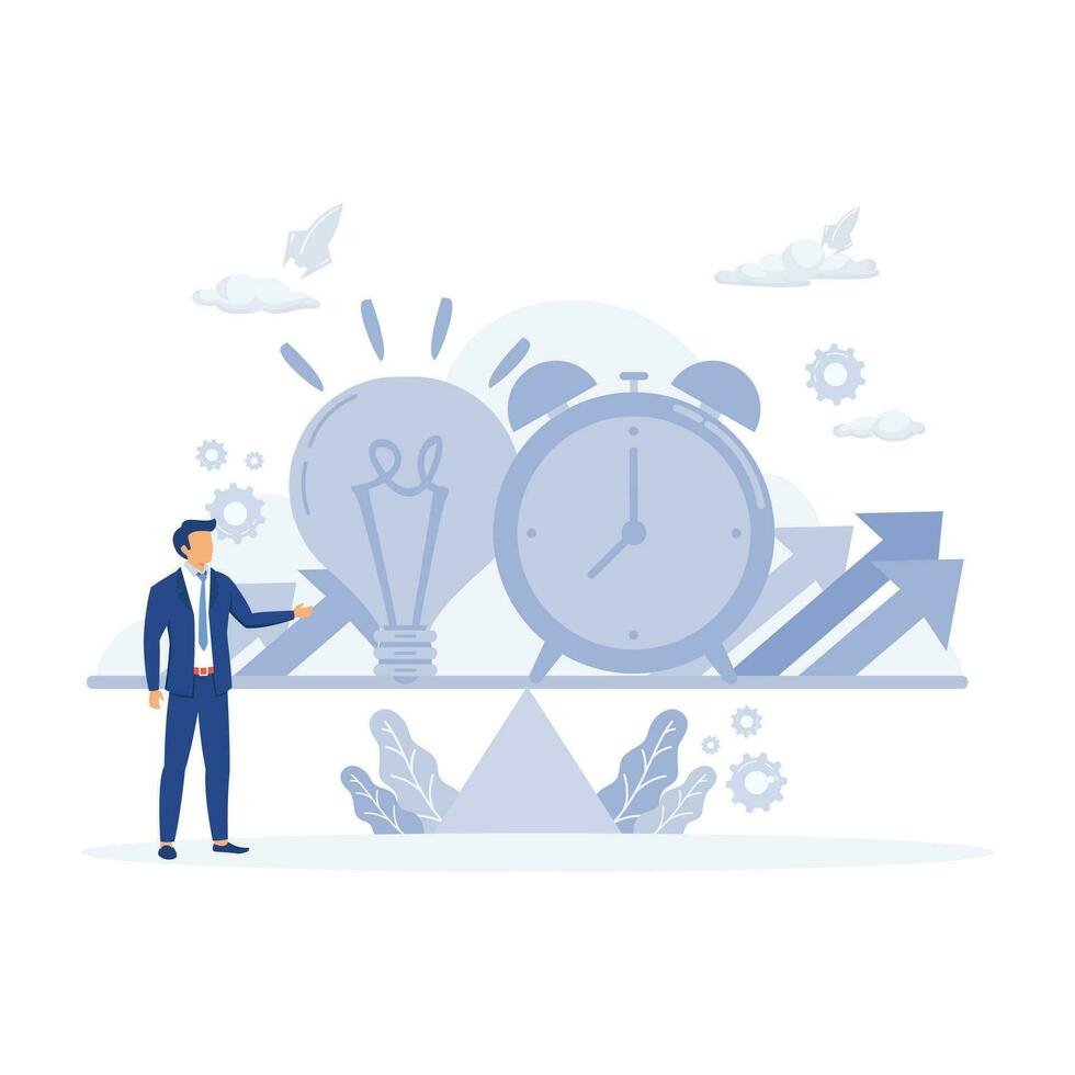 Balance between time and cost of an idea, Mechanical scales with clock and light bulb in pans, flat vector modern illustration
