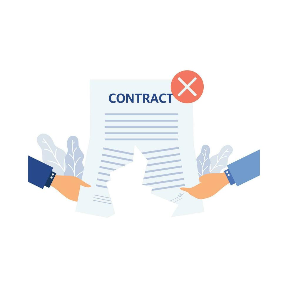 Cancellation of a contract. Two man on suit tearing contract, flat vector modern illustration