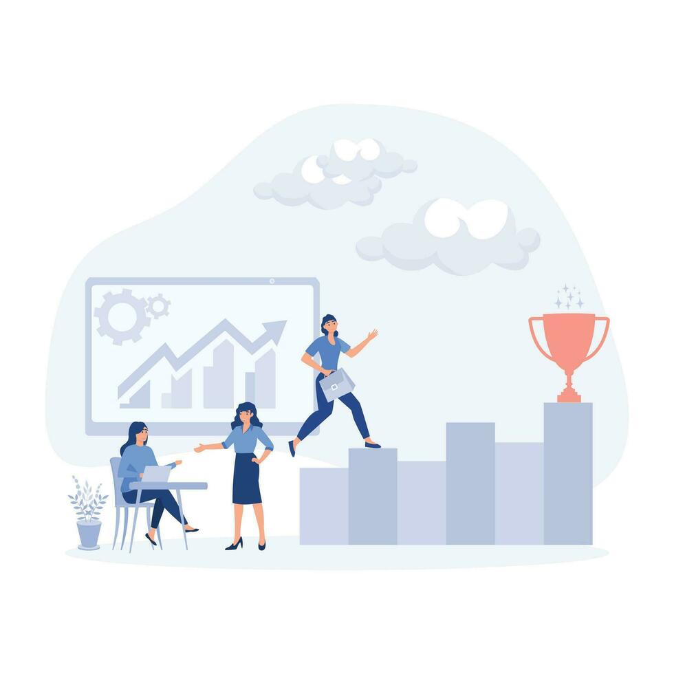 Businesswoman climbing ladder to golden trophy,  flat vector modern illustration